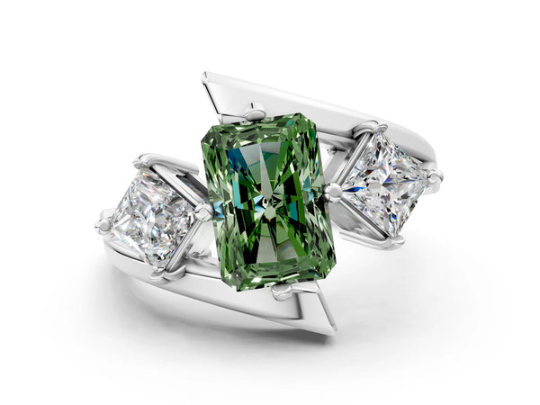 Silver Three-Stone Fancy Green Radiant Cut Cut Tension Band Ring with Four-Prong Setting
