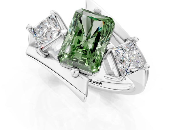 Silver Three-Stone Fancy Green Radiant Cut Cut Tension Band Ring with Four-Prong Setting