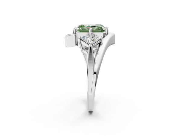 Silver Three-Stone Fancy Green Radiant Cut Cut Tension Band Ring with Four-Prong Setting