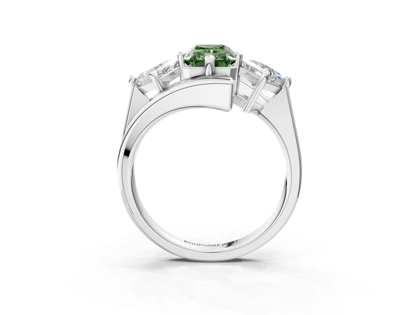 Silver Three-Stone Fancy Green Radiant Cut Cut Tension Band Ring with Four-Prong Setting