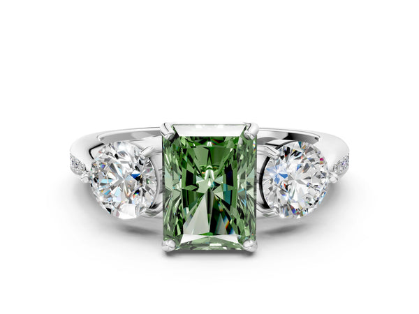 Sterling Silver Radiant Cut Three Stone Engagement Ring Setting for Fancy Green Center