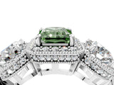 Silver Three-Stone Fancy Green Radiant Cut Halo Diamond Milgrain Band with Four-Prong Setting_10