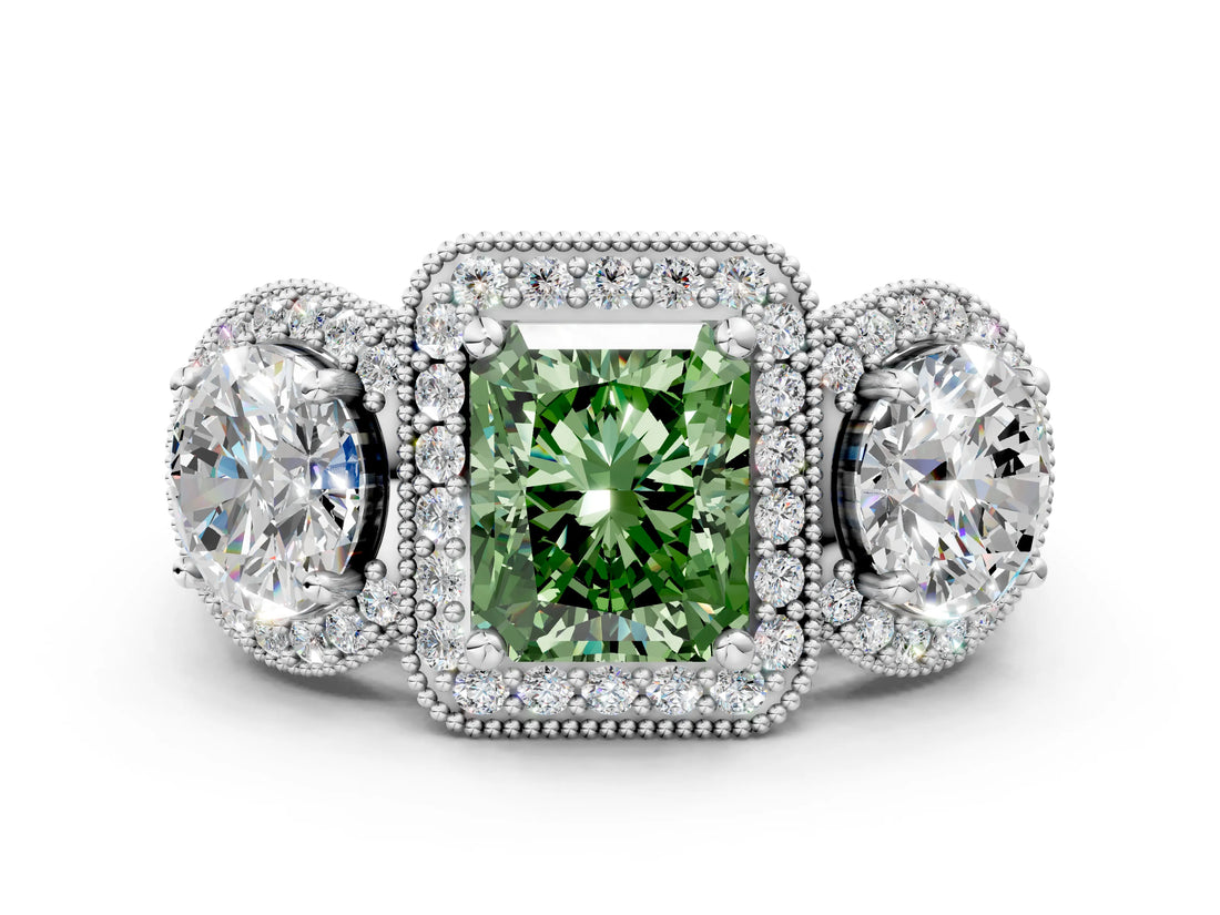 Silver Three-Stone Fancy Green Radiant Cut Halo Diamond Milgrain Band with Four-Prong Setting_6