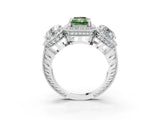 Silver Three-Stone Fancy Green Radiant Cut Halo Diamond Milgrain Band with Four-Prong Setting_9