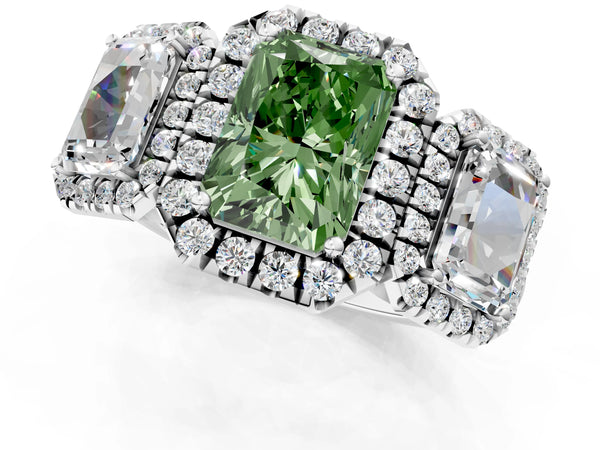Silver Three-Stone Fancy Green Radiant Cut Halo Diamond Ring with Pave Band and Four-Prong Setting