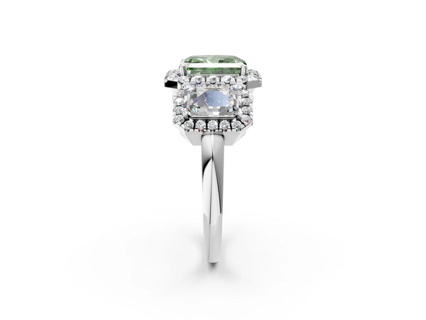 Silver Three-Stone Fancy Green Radiant Cut Halo Diamond Ring with Pave Band and Four-Prong Setting