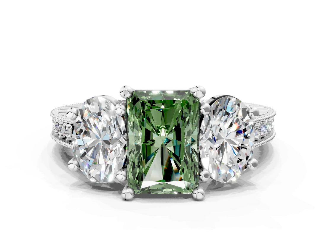 Silver Three-Stone Fancy Green Radiant  Diamond Milgrain Pave Band with Prong Setting 1