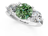 Silver Three-Stone Fancy Green Round  Brilliant Cut Solitaire Ring with Prong Setting on a Classic Band 2