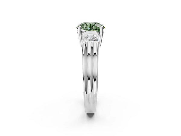 Silver Three-Stone Fancy Green Round Cut Classic Band Prong Setting Ring