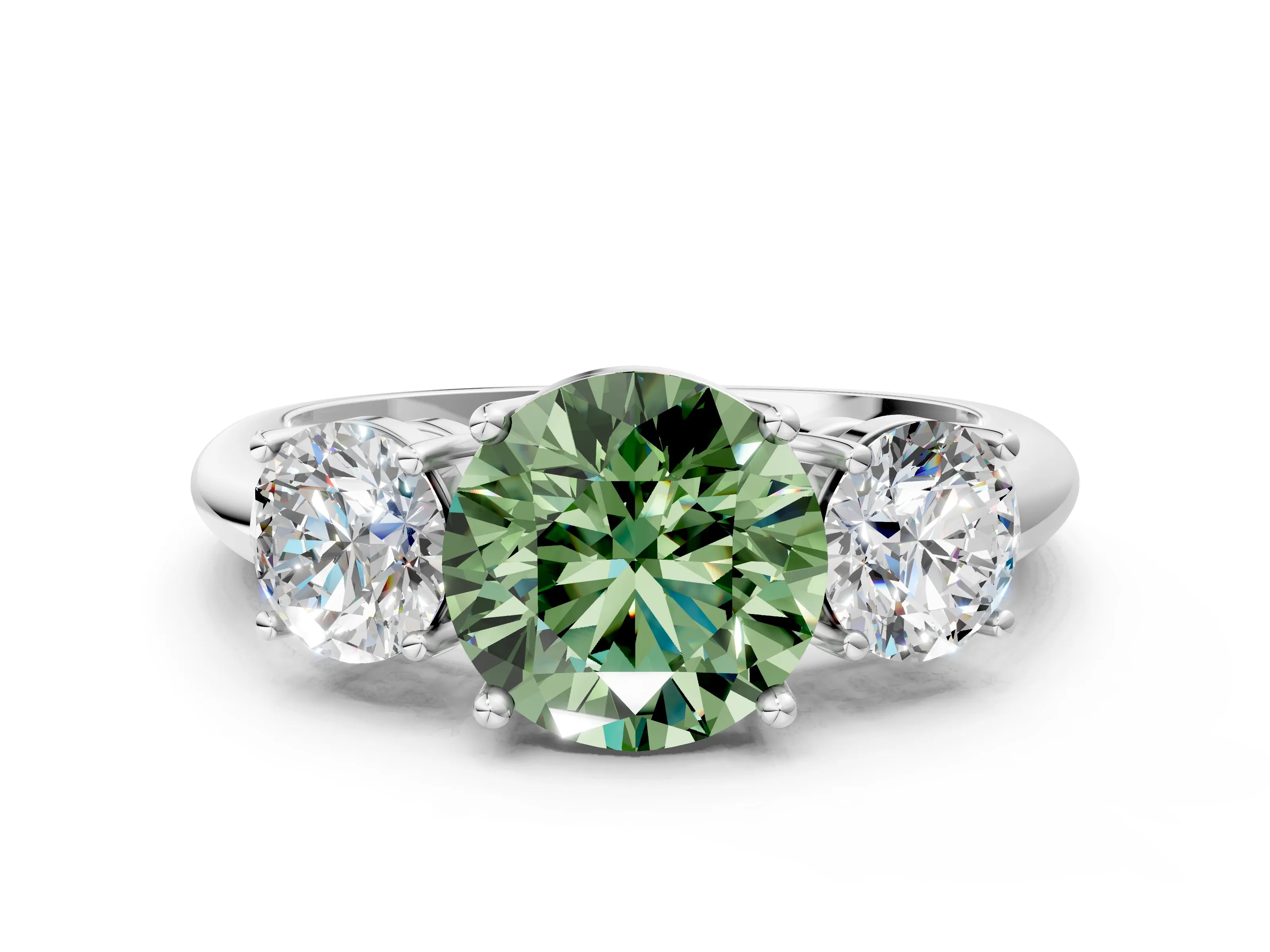 Silver Three-Stone Fancy Green Round Cut Cut Diamond Engagement Ring with Prong Setting on a White Gold Band_48