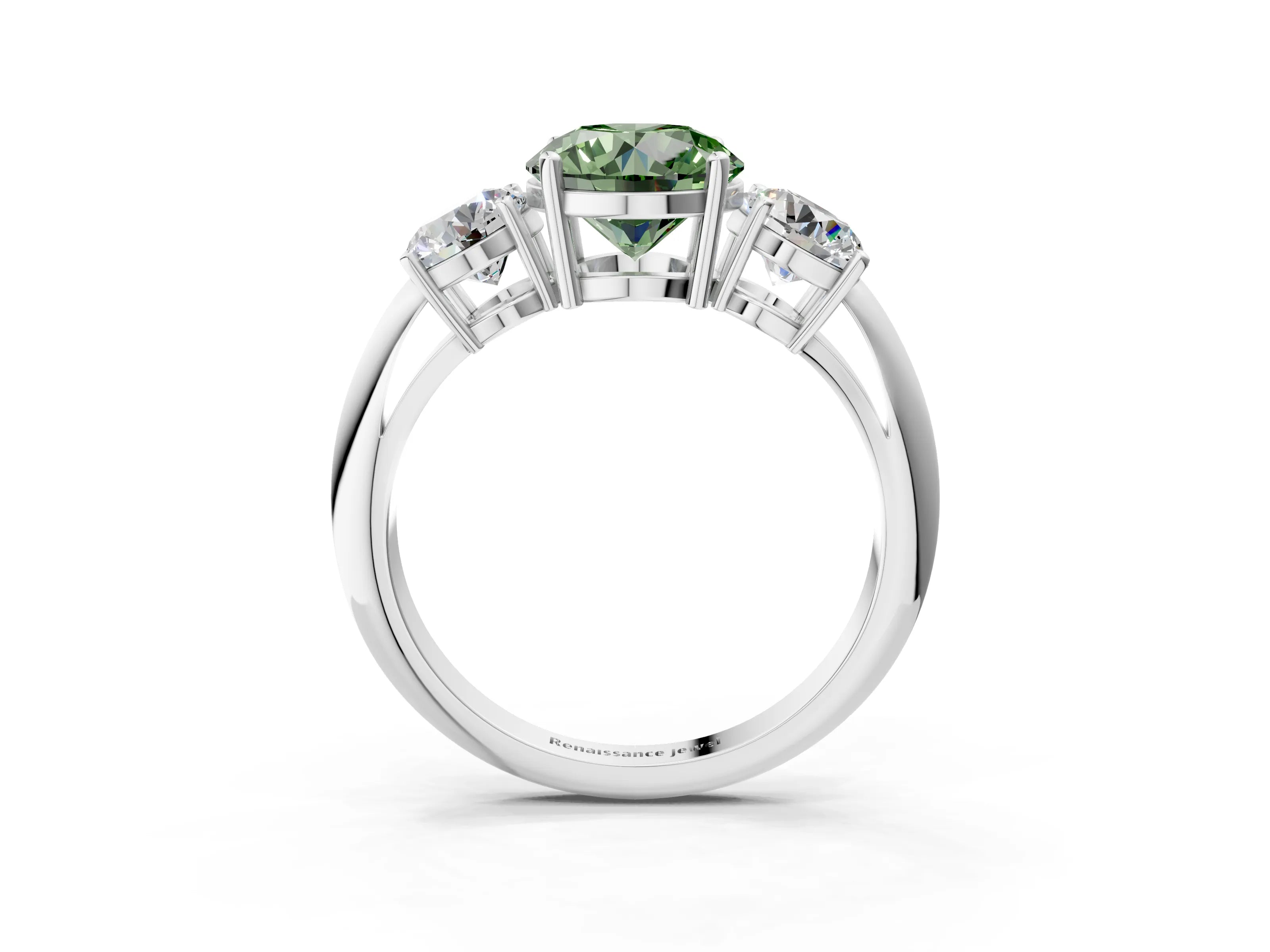Silver Three-Stone Fancy Green Round Cut Cut Diamond Engagement Ring with Prong Setting on a White Gold Band_51