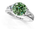 Silver Three-Stone Fancy Green Round Cut Cut Diamond Ring with Trillion Side Stones on a Split Shank Band_7