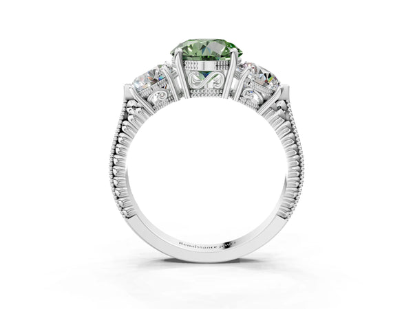 Sterling Silver Round Vintage Three Stone Engagement Ring Setting for Fancy Green Center