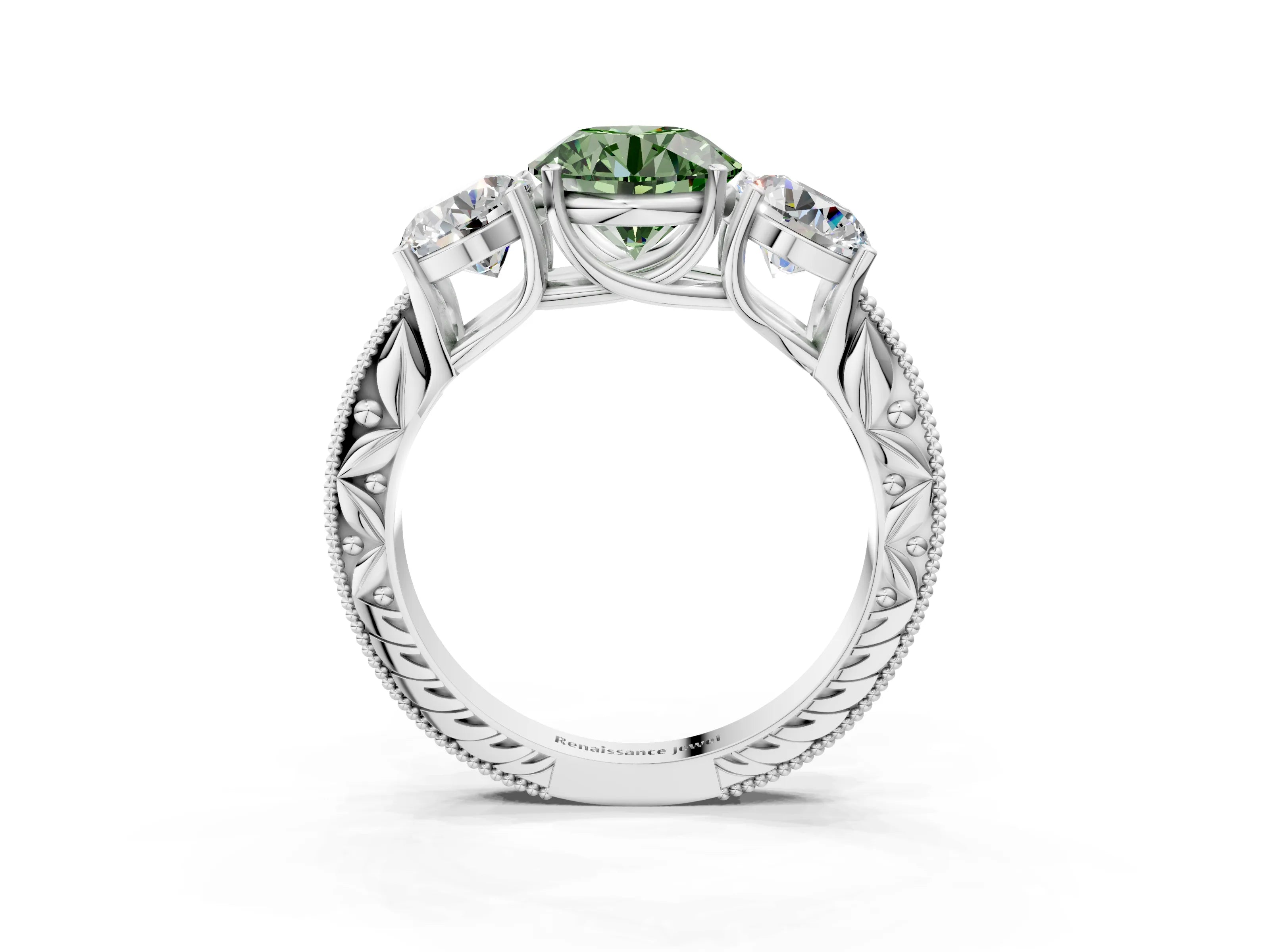 Silver Three-Stone Fancy Green Round Cut Cut Milgrain Pavé Engagement Ring_33