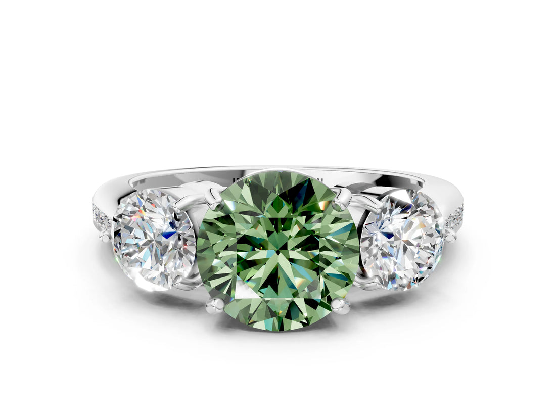 Silver Three-Stone Fancy Green Round Cut Diamond Channel Set Engagement Ring with Prong Setting_24