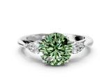Silver Three-Stone Fancy Green Round Cut Diamond Ring with Pear  Side Stones in Four-Prong Setting_24