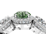 Silver Three-Stone Fancy Green Round Cut Halo Diamond Milgrain Band with Four-Prong Setting_10