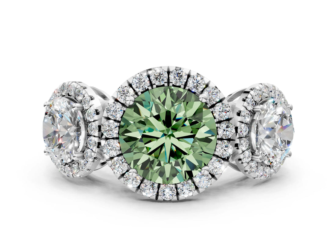 Silver Three-Stone Fancy Green Round Cut Halo Diamond Ring with Pave Band and Four-Prong Setting_6