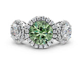 Silver Three-Stone Fancy Green Round Cut Halo Diamond Ring with Pave Band and Four-Prong Setting_6