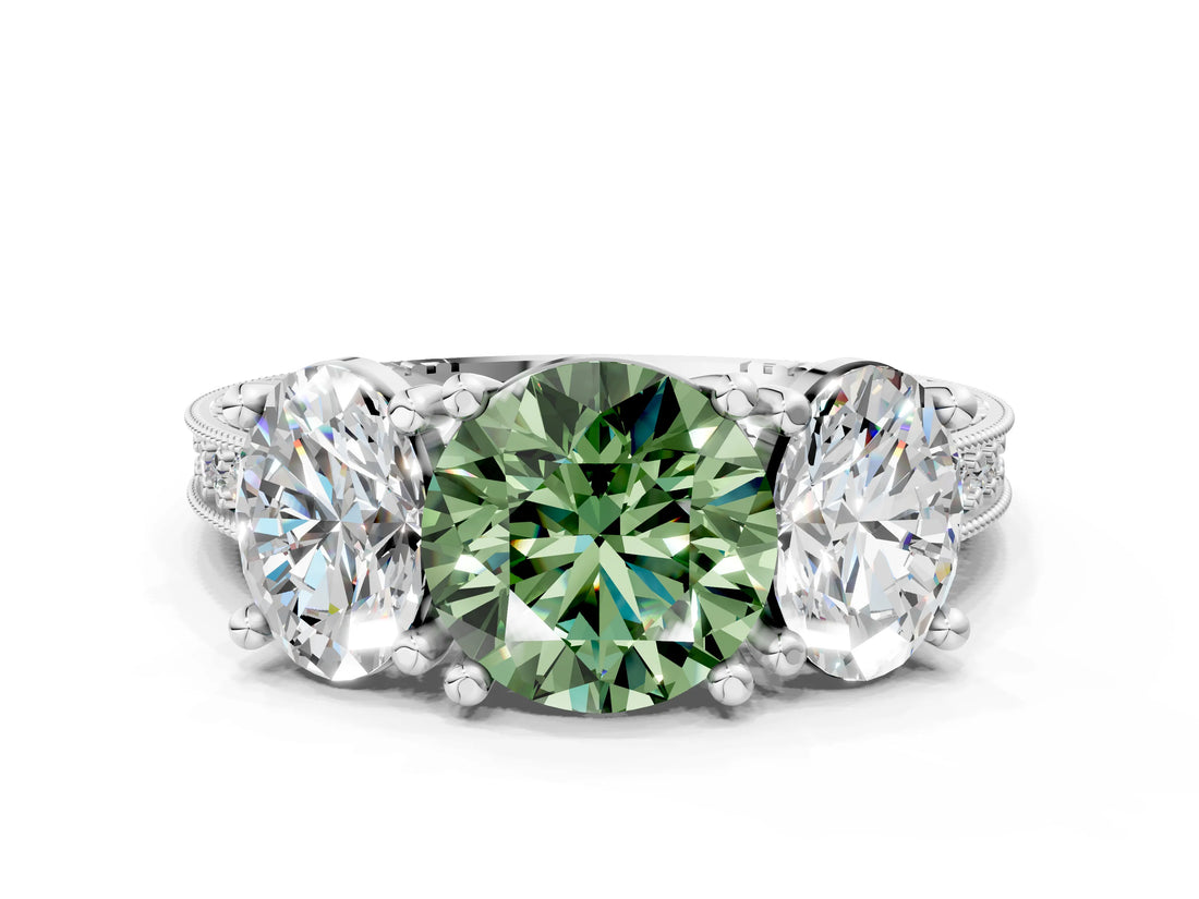 Silver Three-Stone Fancy Green Round  Diamond Milgrain Pave Band with Prong Setting 1