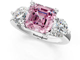 Silver Three-Stone Fancy Pink Asscher  Brilliant Cut Solitaire Ring with Prong Setting on a Classic Band 1