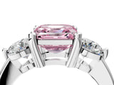 Silver Three-Stone Fancy Pink Asscher  Brilliant Cut Solitaire Ring with Prong Setting on a Classic Band 4