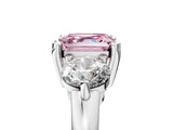 Silver Three-Stone Fancy Pink Asscher  Brilliant Cut Solitaire Ring with Prong Setting on a Classic Band 5