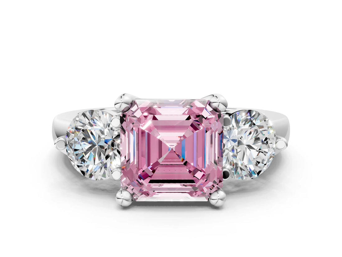 Silver Three-Stone Fancy Pink Asscher  Brilliant Cut Solitaire Ring with Prong Setting on a Classic Band