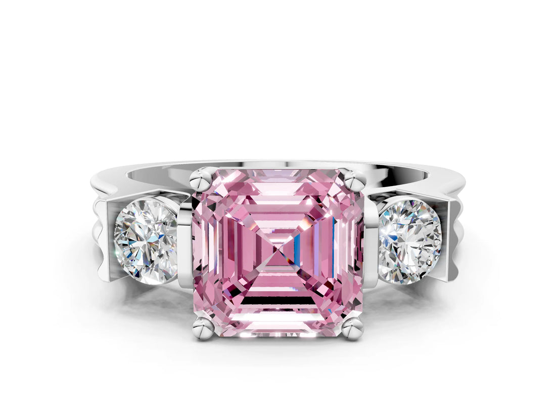 Silver Three-Stone Fancy Pink Asscher Cut Cut Classic Band Prong Setting Ring_6