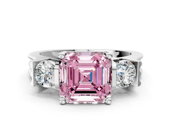 Silver Three-Stone Fancy Pink Asscher Cut Classic Band Prong Setting Ring