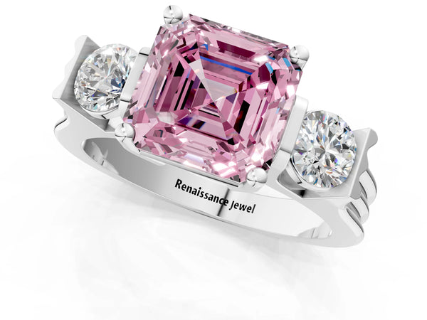 Silver Three-Stone Fancy Pink Asscher Cut Classic Band Prong Setting Ring