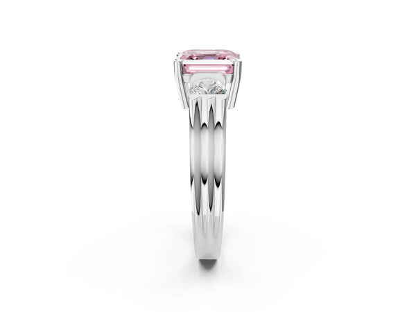 Silver Three-Stone Fancy Pink Asscher Cut Classic Band Prong Setting Ring