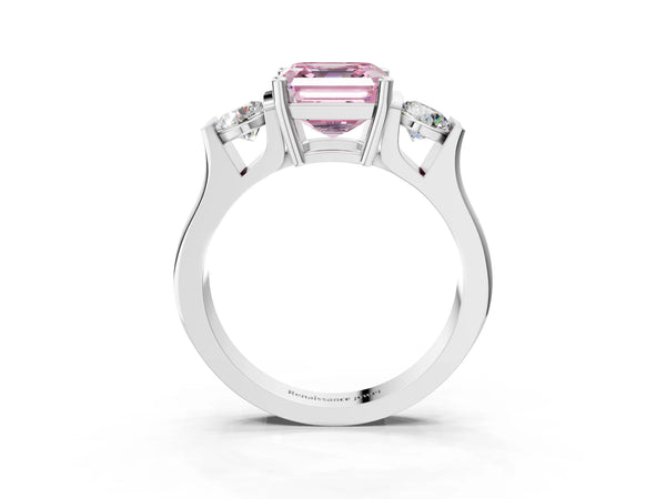 Silver Three-Stone Fancy Pink Asscher Cut Classic Band Prong Setting Ring