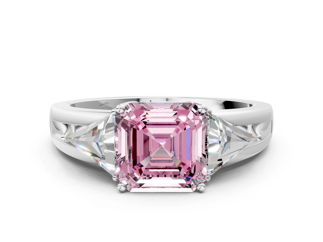 Silver Three-Stone Fancy Pink Asscher Cut Cut Diamond Ring with Trillion Side Stones on a Split Shank Band_72