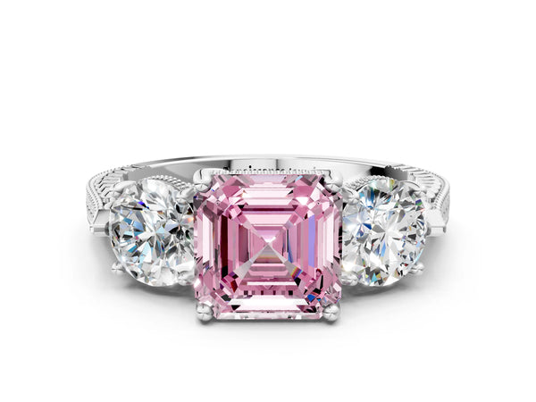 Sterling Silver Asscher Cut Vintage Three Stone Engagement Ring Setting for Fancy Pink Center