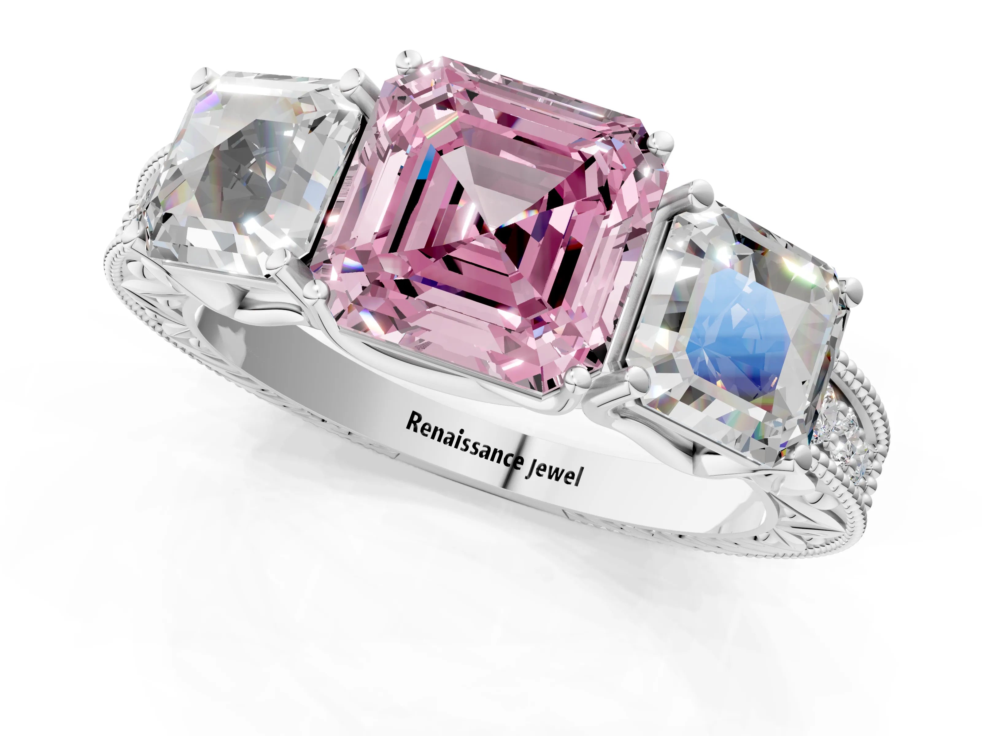 Silver Three-Stone Fancy Pink Asscher Cut Cut Milgrain Pavé Engagement Ring_19