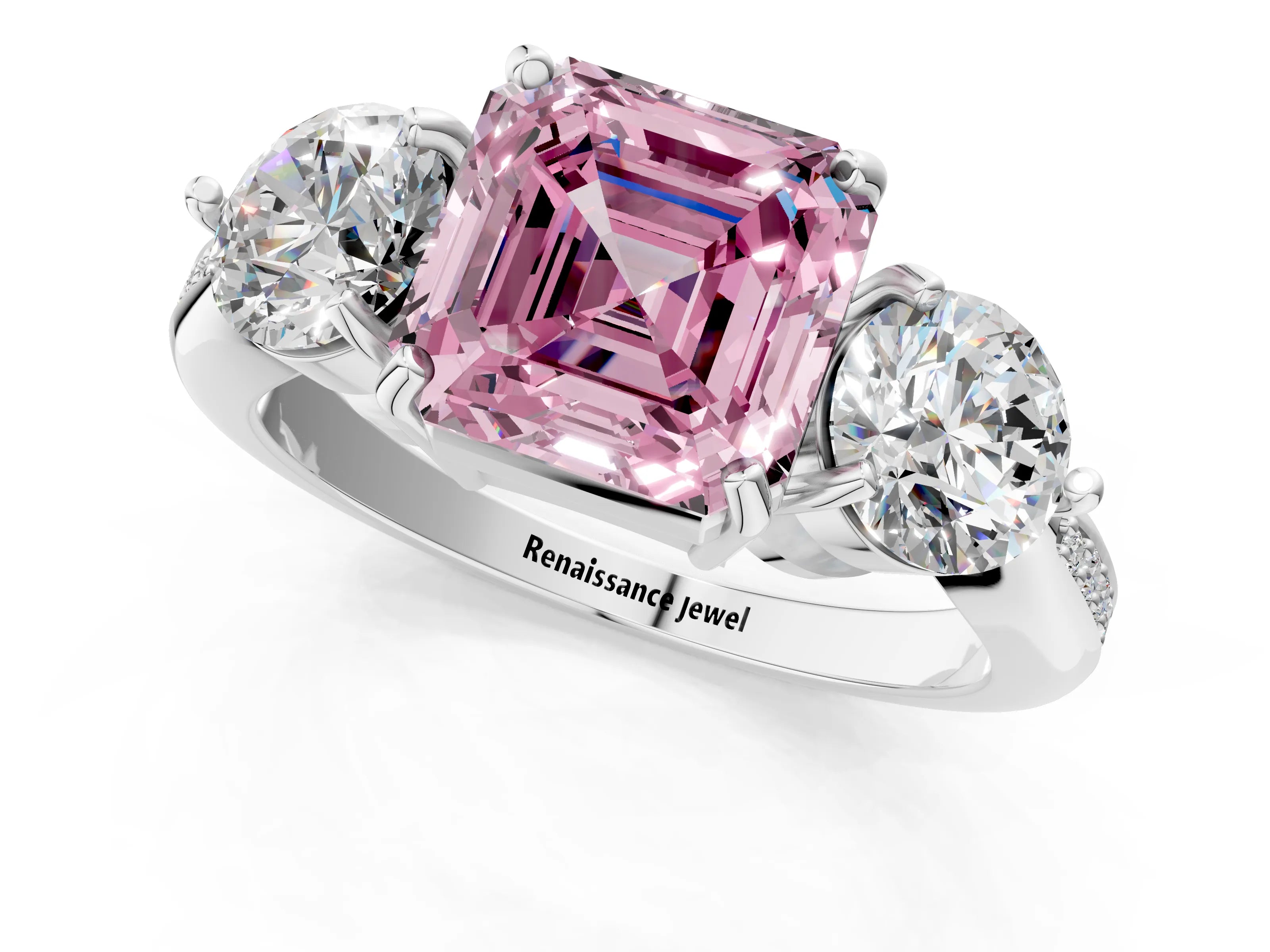 Silver Three-Stone Fancy Pink Asscher Cut Diamond Channel Set Engagement Ring with Prong Setting_19