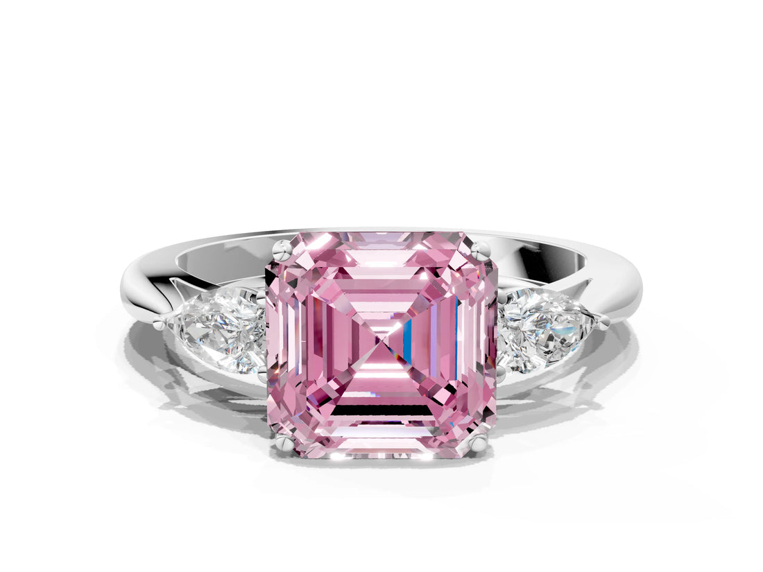 Silver Three-Stone Fancy Pink Asscher Cut Diamond Ring with Pear  Side Stones in Four-Prong Setting_12