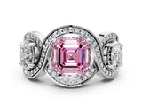 Silver Three-Stone Fancy Pink Asscher Cut Diamond Wave Pave Band with Prong Setting_6