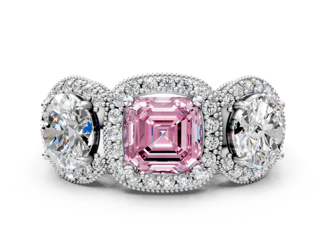 Silver Three-Stone Fancy Pink Asscher Cut Halo Diamond Milgrain Band with Four-Prong Setting_6