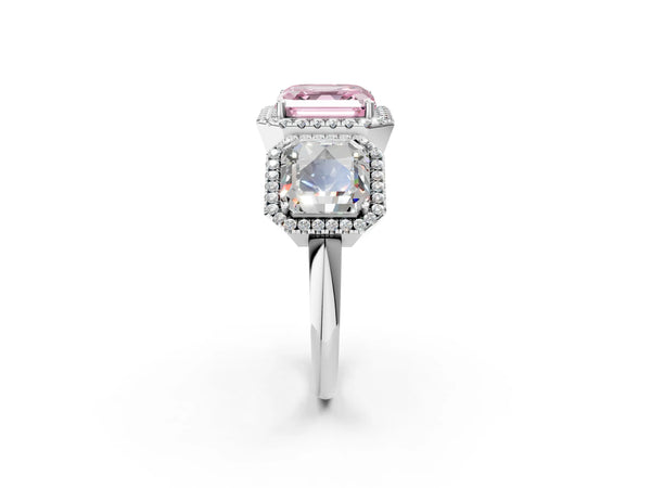 Silver Three-Stone Fancy Pink Asscher Cut Halo Diamond Ring with Pave Band and Four-Prong Setting
