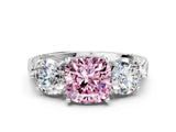 Silver Three-Stone Fancy Pink Cushion Cut Cut Milgrain Band Prong Setting Ring_18
