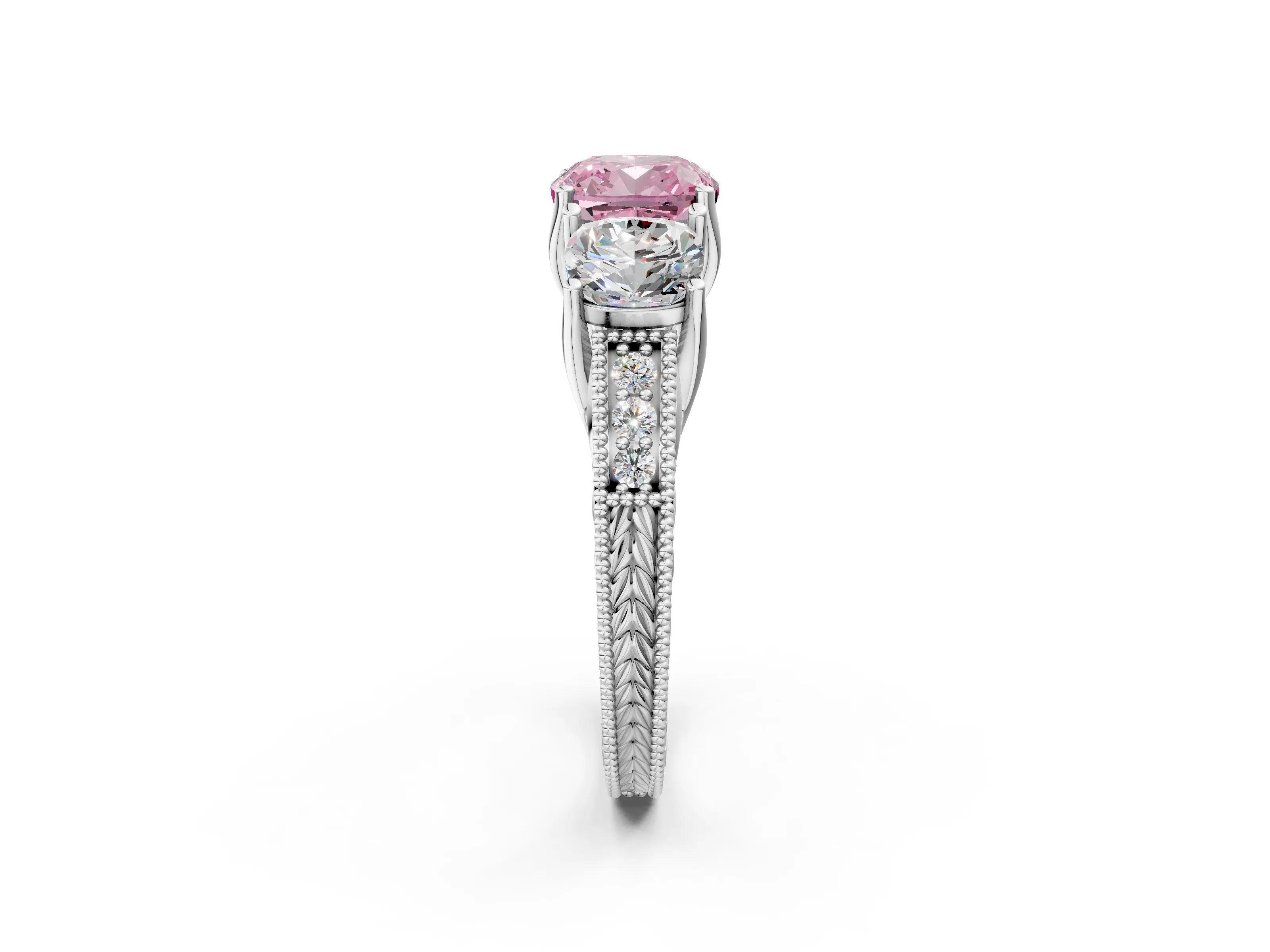 Silver Three-Stone Fancy Pink Cushion Cut Cut Milgrain Pavé Engagement Ring_20