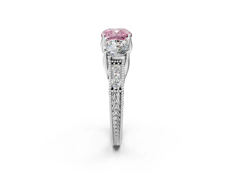 Silver Three-Stone Fancy Pink Cushion Cut Cut Milgrain Pavé Engagement Ring_20