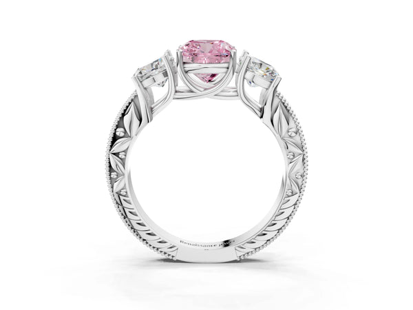 Sterling Silver Cushion Cut Engraved Three Stone Engagement Ring Setting for Fancy Pink Center