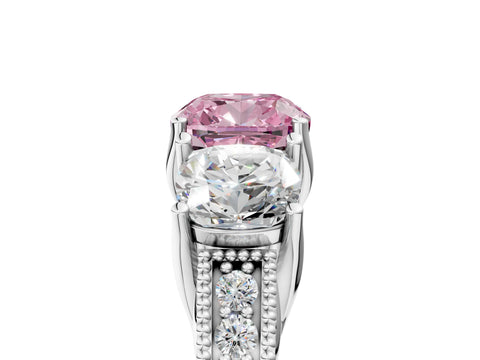 Silver Three-Stone Fancy Pink Cushion Cut Cut Milgrain Pavé Engagement Ring_23