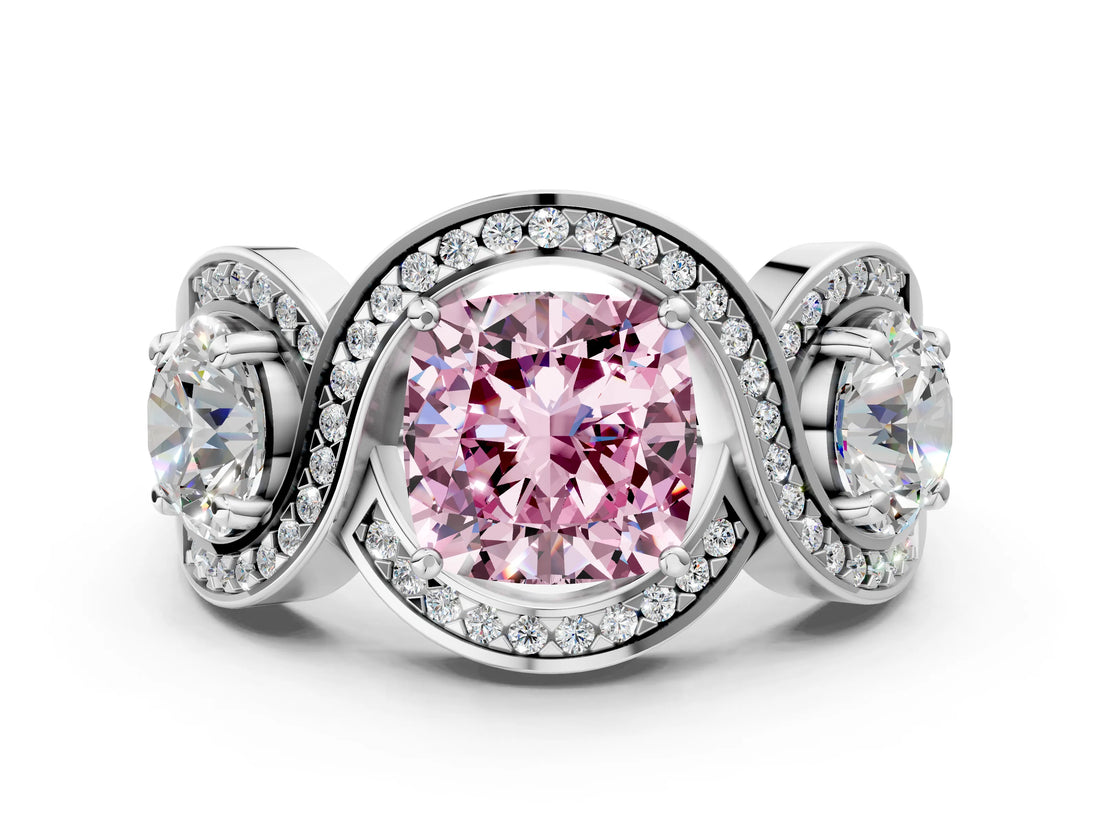 Silver Three-Stone Fancy Pink Cushion Cut Diamond Wave Pave Band with Prong Setting_54