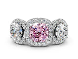 Silver Three-Stone Fancy Pink Cushion Cut Halo Diamond Milgrain Band with Four-Prong Setting_6
