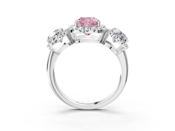 Silver Three-Stone Fancy Pink Cushion Cut Halo Diamond Ring with Pave Band and Four-Prong Setting