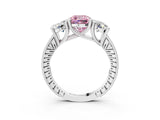 Silver Three-Stone Fancy Pink Cushion  Diamond Milgrain Pave Band with Prong Setting 5